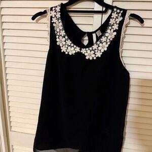 LC Lauren Conrad Black Sleeveless Top with Cream Floral Lace Collar